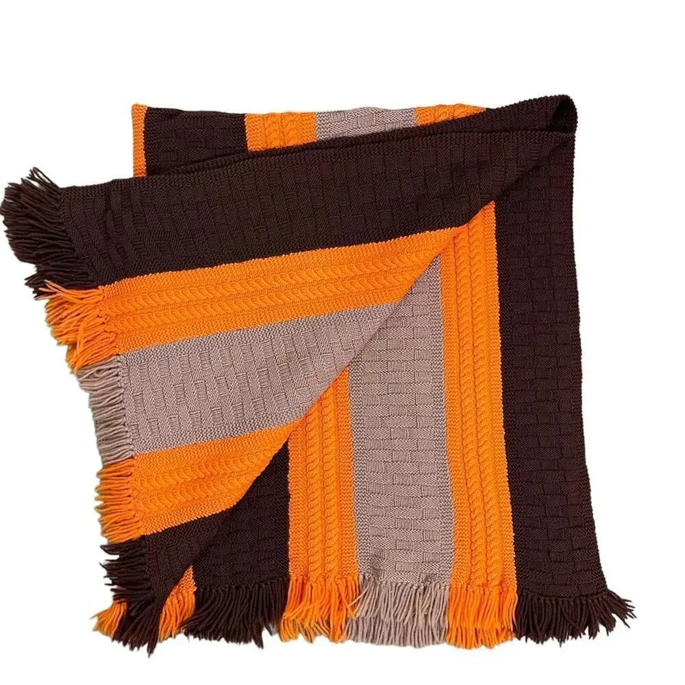 Decorative Warm Winter Fringe Edge Wool Textured Stripe Knit Throw Blanket